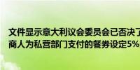 文件显示意大利议会委员会已否决了一项提案该提案呼吁对商人为私营部门支付的餐券设定5%的上限