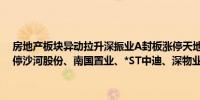 房地产板块异动拉升深振业A封板涨停天地源触及涨停深深房A冲击涨停沙河股份、南国置业、*ST中迪、深物业A、电子城等多股涨超4%