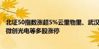 北证50指数涨超5%云里物里、武汉蓝电、美之高、鑫汇科、微创光电等多股涨停