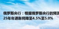 俄罗斯央行：根据俄罗斯央行的预测考虑到货币政策立场2025年年通胀将降至4.5%至5.0%