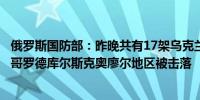 俄罗斯国防部：昨晚共有17架乌克兰无人机在布良斯克别尔哥罗德库尔斯克奥廖尔地区被击落