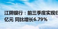 江阴银行：前三季度实现归母净利润为11.28亿元 同比增长6.79%