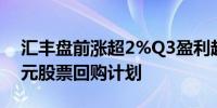 汇丰盘前涨超2%Q3盈利超预期宣布30亿美元股票回购计划