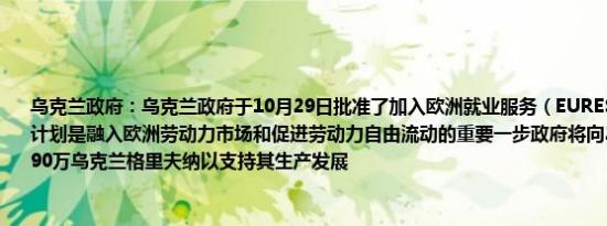 乌克兰政府：乌克兰政府于10月29日批准了加入欧洲就业服务（EURES）的行动计划该计划是融入欧洲劳动力市场和促进劳动力自由流动的重要一步政府将向20家企业提供8490万乌克兰格里夫纳以支持其生产发展