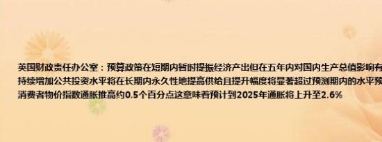 英国财政责任办公室：预算政策在短期内暂时提振经济产出但在五年内对国内生产总值影响有限基本保持不变如果持续增加公共投资水平将在长期内永久性地提高供给且提升幅度将显著超过预测期内的水平预算政策将在高峰期将消费者物价指数通胀推高约0.5个百分点这意味着预计到2025年通胀将上升至2.6%