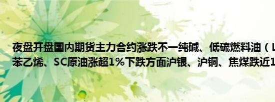 夜盘开盘国内期货主力合约涨跌不一纯碱、低硫燃料油（LU）、沥青、苯乙烯、SC原油涨超1%下跌方面沪银、沪铜、焦煤跌近1%