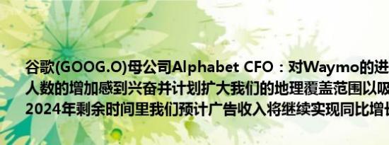 谷歌(GOOG.O)母公司Alphabet CFO：对Waymo的进展和付费乘车人数的增加感到兴奋并计划扩大我们的地理覆盖范围以吸引更多客户在2024年剩余时间里我们预计广告收入将继续实现同比增长