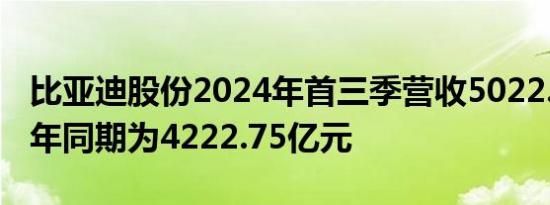 比亚迪股份2024年首三季营收5022.5亿元上年同期为4222.75亿元