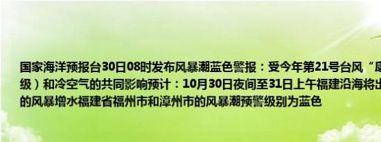 国家海洋预报台30日08时发布风暴潮蓝色警报：受今年第21号台风“康妮”（超强台风级）和冷空气的共同影响预计：10月30日夜间至31日上午福建沿海将出现40到90厘米的风暴增水福建省福州市和漳州市的风暴潮预警级别为蓝色