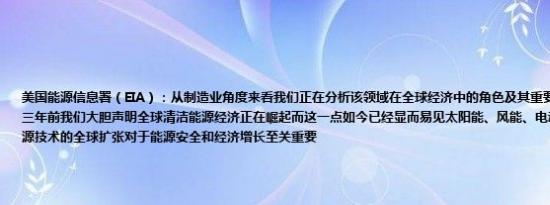 美国能源信息署（EIA）：从制造业角度来看我们正在分析该领域在全球经济中的角色及其重要性特别关注市场规模三年前我们大胆声明全球清洁能源经济正在崛起而这一点如今已经显而易见太阳能、风能、电动汽车及其他清洁能源技术的全球扩张对于能源安全和经济增长至关重要