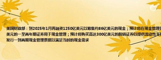 美国财政部：到2025年1月再融资1250亿美元以筹集约86亿美元的现金；预计将在现金管理目的下购买高达225亿美元的一至两年期证券用于现金管理；预计将购买高达300亿美元的脱销证券以提供流动性支持；预计将在11月底发行一到两期现金管理票据以满足当时的现金需求