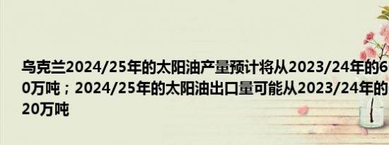 乌克兰2024/25年的太阳油产量预计将从2023/24年的660万吨降至560万吨；2024/25年的太阳油出口量可能从2023/24年的620万吨降至520万吨