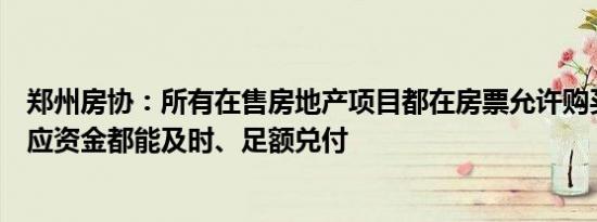 郑州房协：所有在售房地产项目都在房票允许购买范围内对应资金都能及时、足额兑付