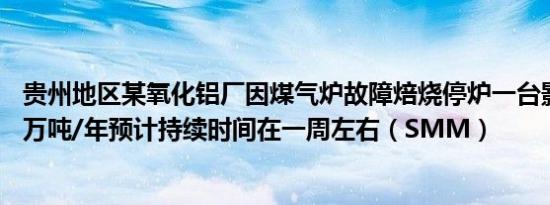 贵州地区某氧化铝厂因煤气炉故障焙烧停炉一台影响产能50万吨/年预计持续时间在一周左右（SMM）