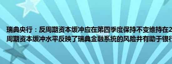 瑞典央行：反周期资本缓冲应在第四季度保持不变维持在2%当前的反周期资本缓冲水平反映了瑞典金融系统的风险并有助于银行整体的韧性