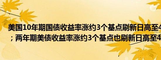 美国10年期国债收益率涨约3个基点刷新日高至4.33%上方；两年期美债收益率涨约3个基点也刷新日高至4.21%上方