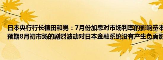 日本央行行长植田和男：7月份加息对市场利率的影响基本符合我们的预期8月初市场的剧烈波动对日本金融系统没有产生负面影响