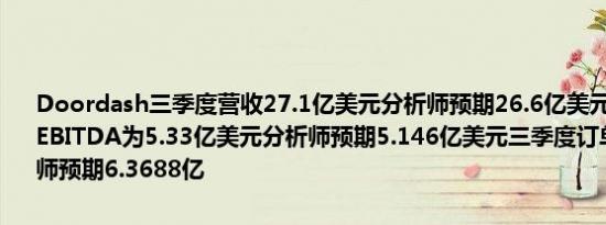 Doordash三季度营收27.1亿美元分析师预期26.6亿美元三季度调整后EBITDA为5.33亿美元分析师预期5.146亿美元三季度订单6.43亿分析师预期6.3688亿