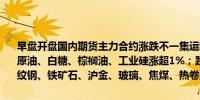 早盘开盘国内期货主力合约涨跌不一集运欧线、低硫燃料油涨超2%SC原油、白糖、棕榈油、工业硅涨超1%；跌幅方面沪银、纯碱跌超2%螺纹钢、铁矿石、沪金、玻璃、焦煤、热卷跌超1%