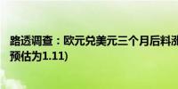 路透调查：欧元兑美元三个月后料涨约1%至1.10(10月调查预估为1.11)