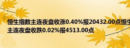 恒生指数主连夜盘收涨0.40%报20432.00点恒生科技指数主连夜盘收跌0.02%报4513.00点