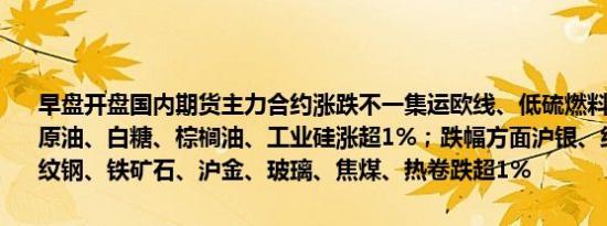 早盘开盘国内期货主力合约涨跌不一集运欧线、低硫燃料油涨超2%SC原油、白糖、棕榈油、工业硅涨超1%；跌幅方面沪银、纯碱跌超2%螺纹钢、铁矿石、沪金、玻璃、焦煤、热卷跌超1%