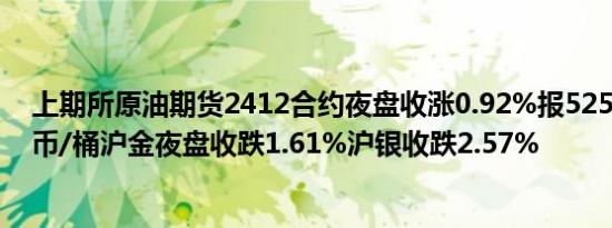 上期所原油期货2412合约夜盘收涨0.92%报525.00元人民币/桶沪金夜盘收跌1.61%沪银收跌2.57%