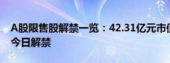 A股限售股解禁一览：42.31亿元市值限售股今日解禁