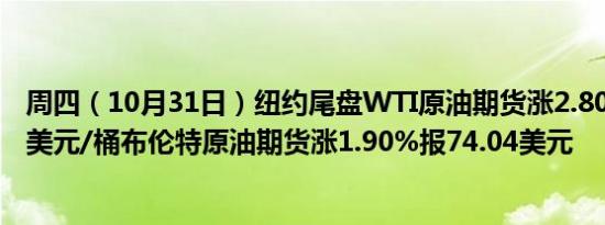 周四（10月31日）纽约尾盘WTI原油期货涨2.80%报70.53美元/桶布伦特原油期货涨1.90%报74.04美元