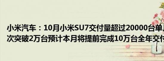 小米汽车：10月小米SU7交付量超过20000台单月交付量首次突破2万台预计本月将提前完成10万台全年交付目标